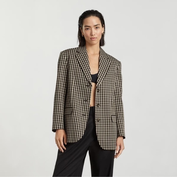 New Everlane Women's The â80s Blazer Khaki Black Check Print Oversized Size 0